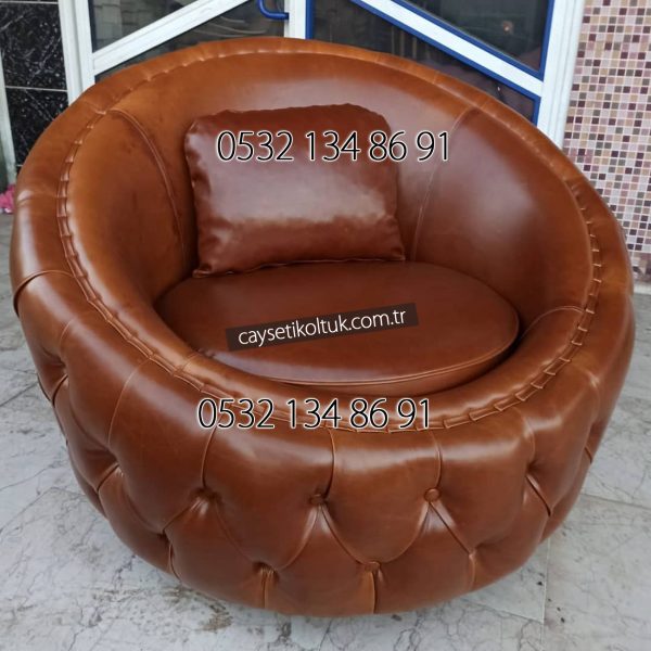 Chester Deri Yuvarlak Berjer